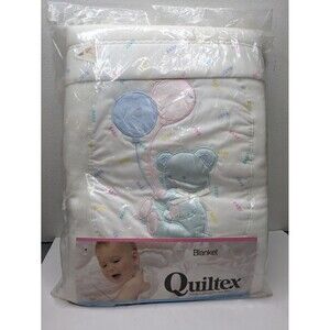 Quiltex Bear Balloon Baby Blanket Soft Acrylic Satin Trim NWT Vintage NEW
